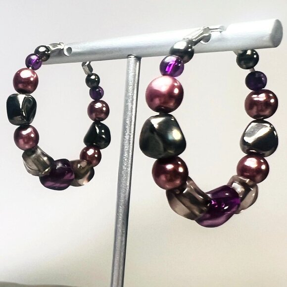 OOAK Mixed Media Beaded Artisan Hoop Pierced Earrings Purple Metallic Silver-ton - Picture 3 of 5